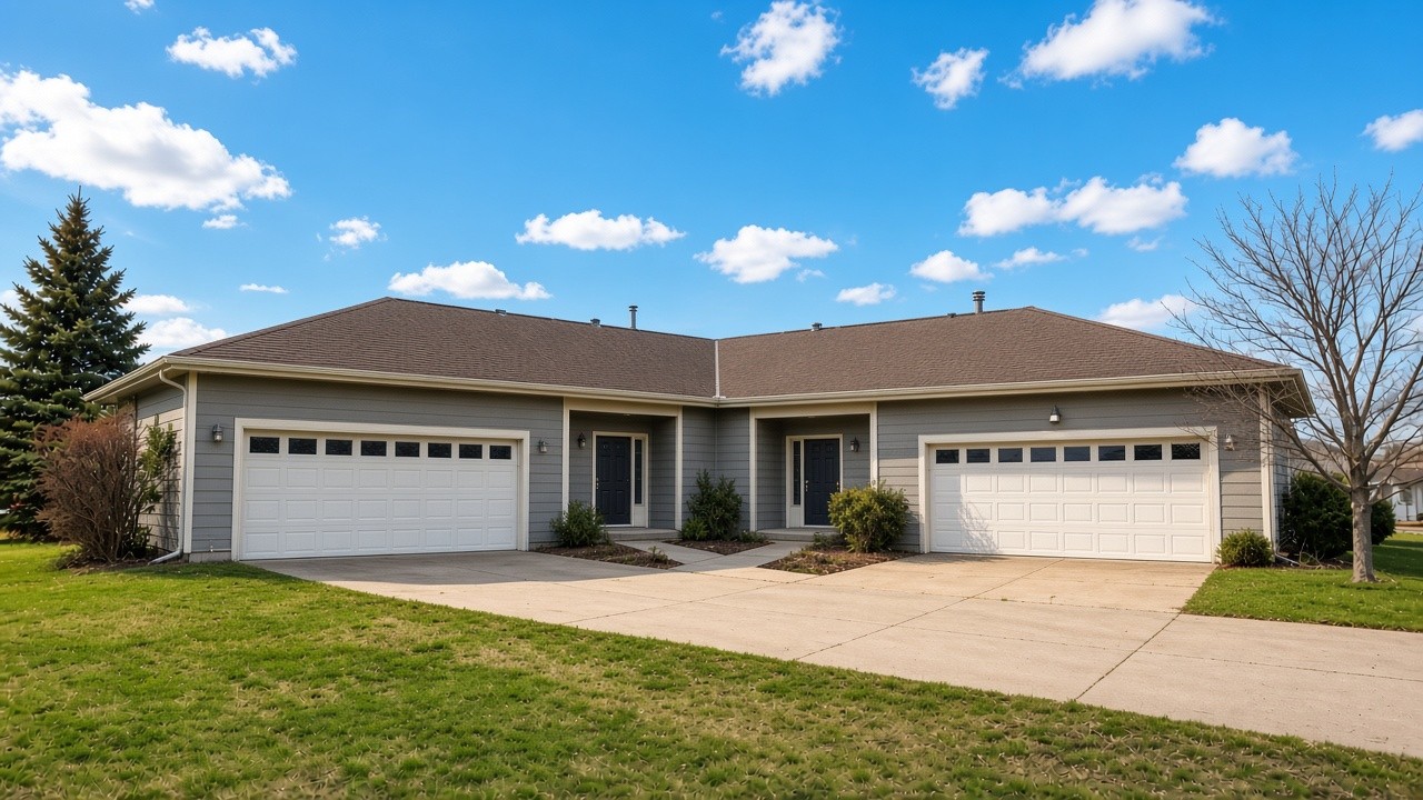 Duplex exterior after editing, bright blue sky