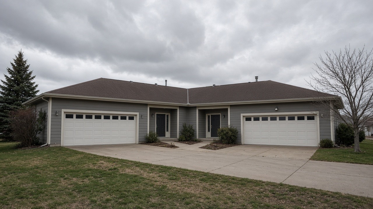 The same duplex before editing, flat overcast sky